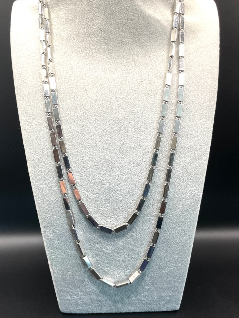Vintage Monet Silver Tone Rectangular Bar Box Link Long Necklace 56"